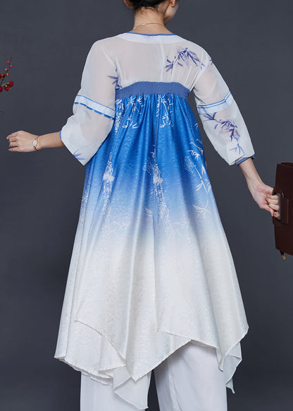 Style Blue Print Gradient Color Silk Dresses Summer