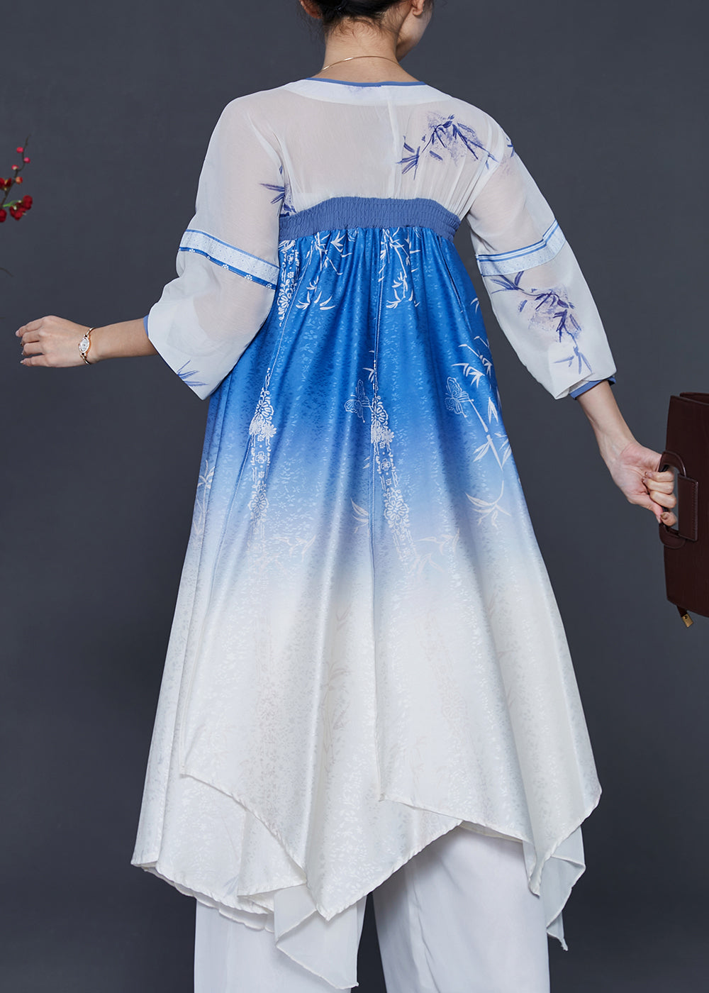 Style Blue Print Gradient Color Silk Dresses Summer