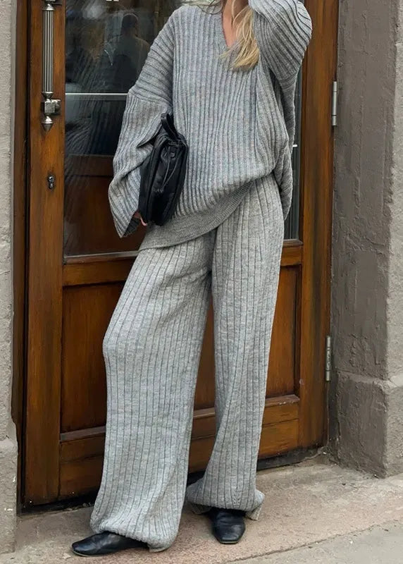 Mulberry V Neck Knit Two Piece Set Fall
