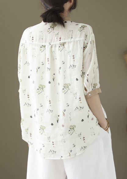 White Print Patchwork Linen Blouses Peter Pan Collar Summer