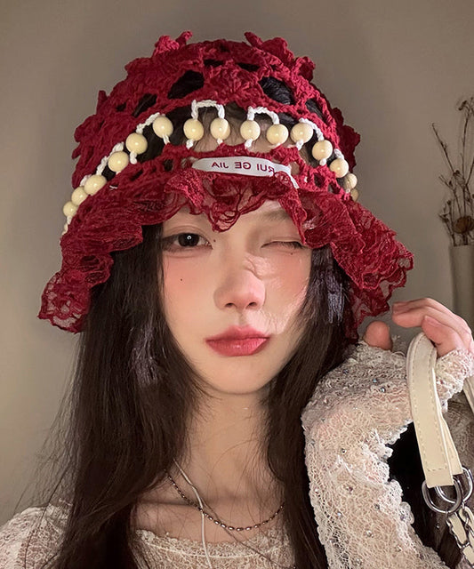 Stylish Mulberry Hollow Out Lace Patchwork Knit Bucket Hat