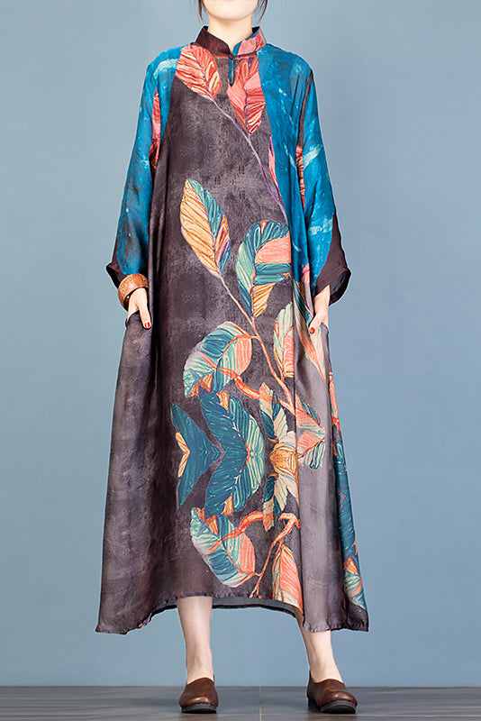 New Stand Collar Printed Dress Tencel Dress