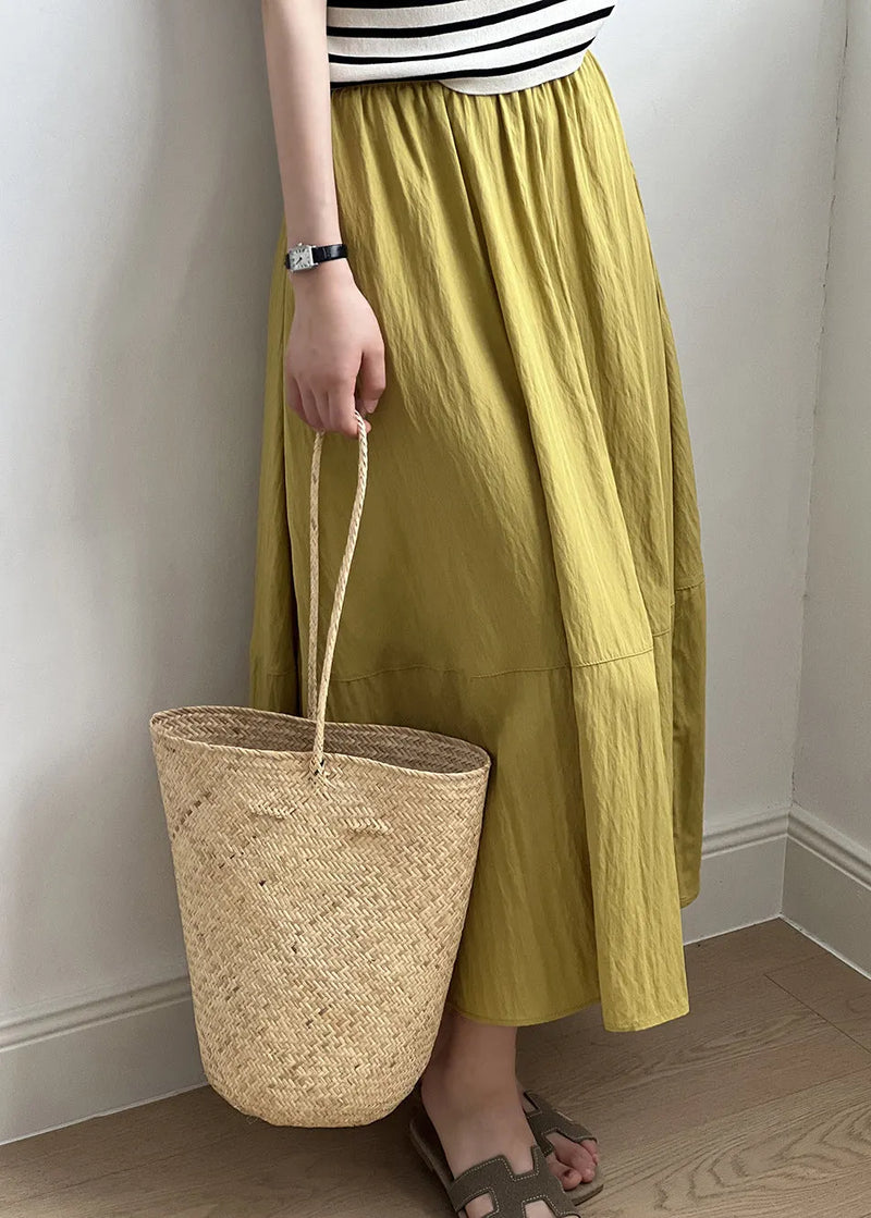 Simple Yellow Elastic Waist Exra Large Hem Cotton Skirt Fall