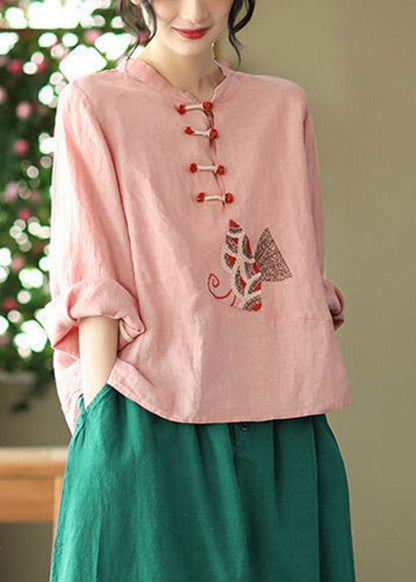 Pink O-neck Embroidered Linen Top Long Sleeve