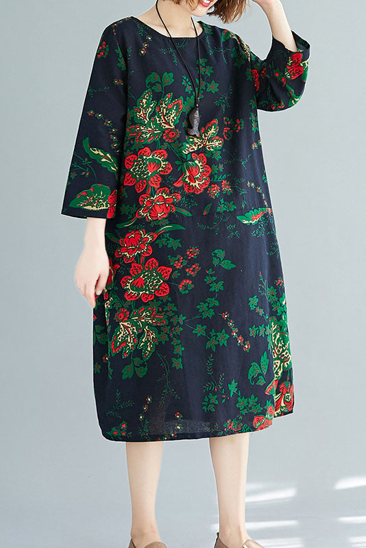 - Loose Long Sleeve Printed Cotton Linen Dress