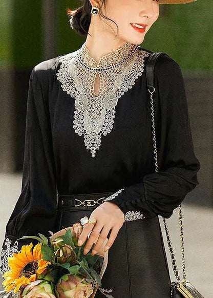 Black Stand Collar Embroidered Hollow Out Chiffon Blouse Tops Long Sleeve