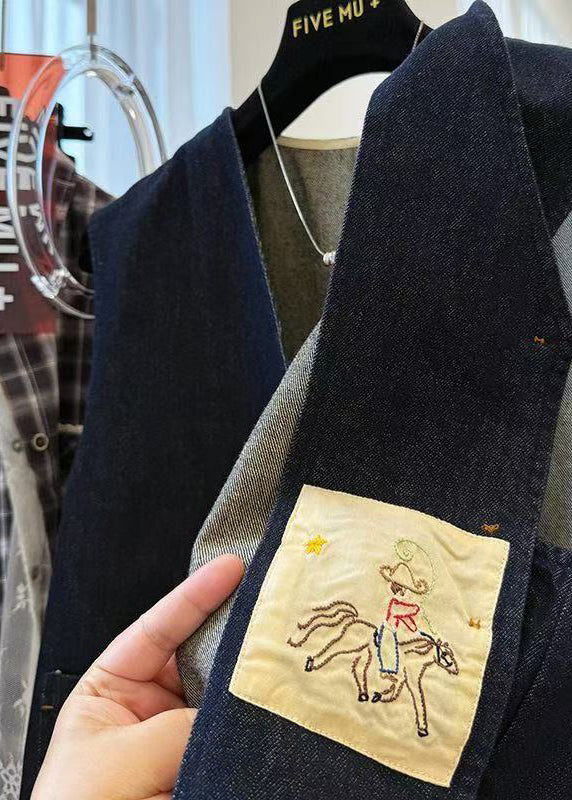 Navy Oversized Pockets Denim Vests Fall