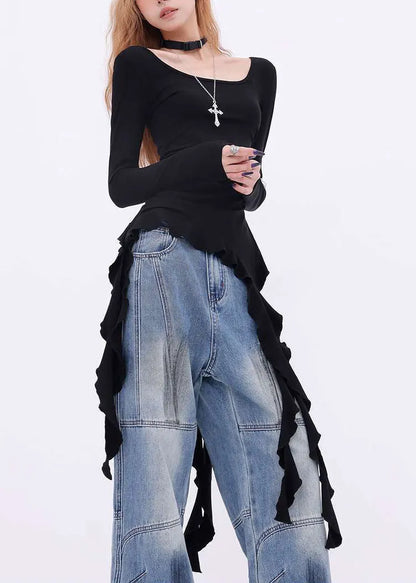 New Black Asymmetrical Cotton T Shirts Spring