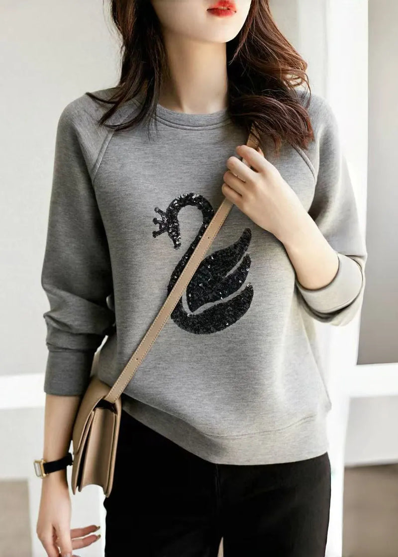 Grey O Neck Sequins Cotton Sweatshirt Spring