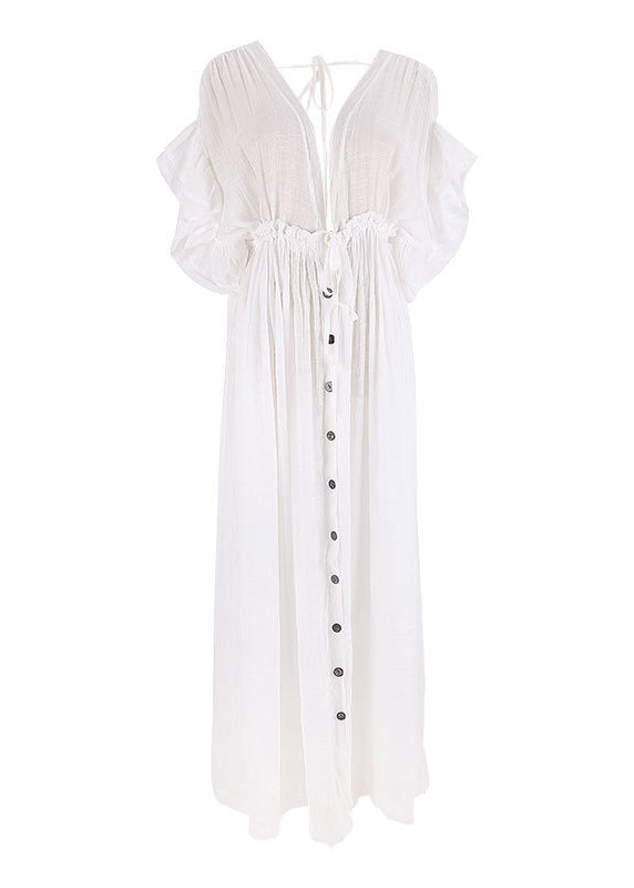 White V Neck Drawstring Lace Up Chiffon Long Dress Summer