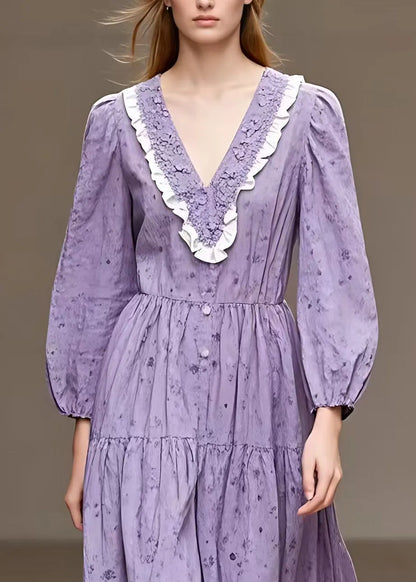 French Purple Patchwork Wrinkled Holiday Long Dress Long Sleeve