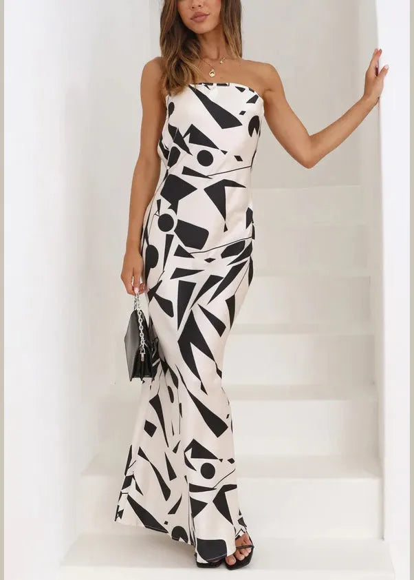Unique White Backless Hollow Out Print Cotton Long Dress Sleeveless