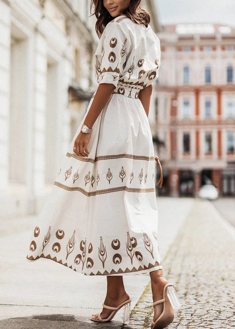 White Stand Collar Print Lace Up Cotton Dress Summer