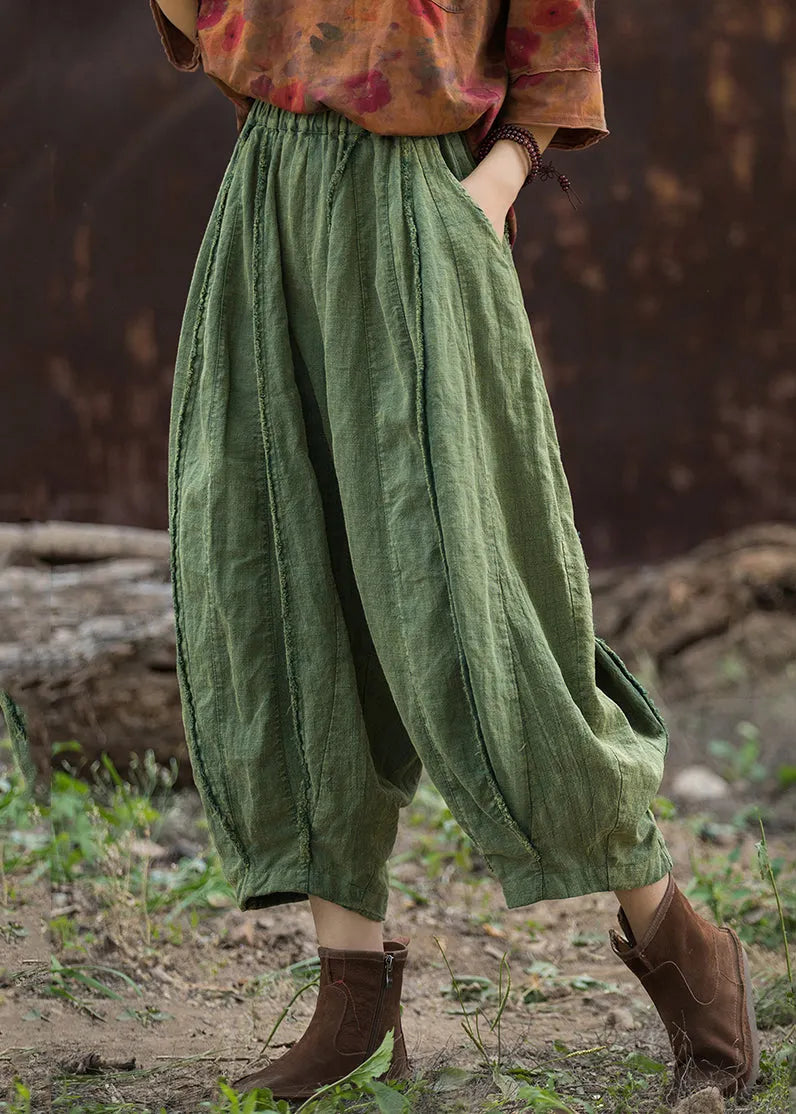 Green Linen Wide Leg Pants Elastic Waist
