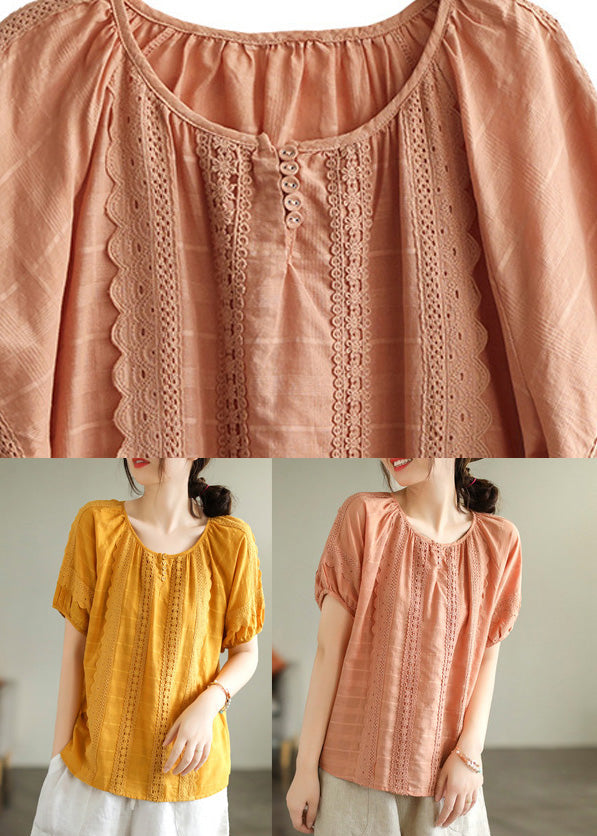 Orange O-neck Button Cotton Top Summer