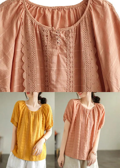 Diy Yellow Lace Patchwork Cotton Shirts Short Sleeve