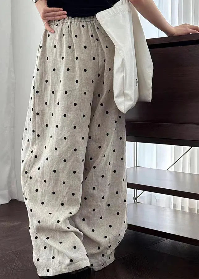 Loose Light Grey Dot Print Elastic Waist Wide Leg Pants Summer