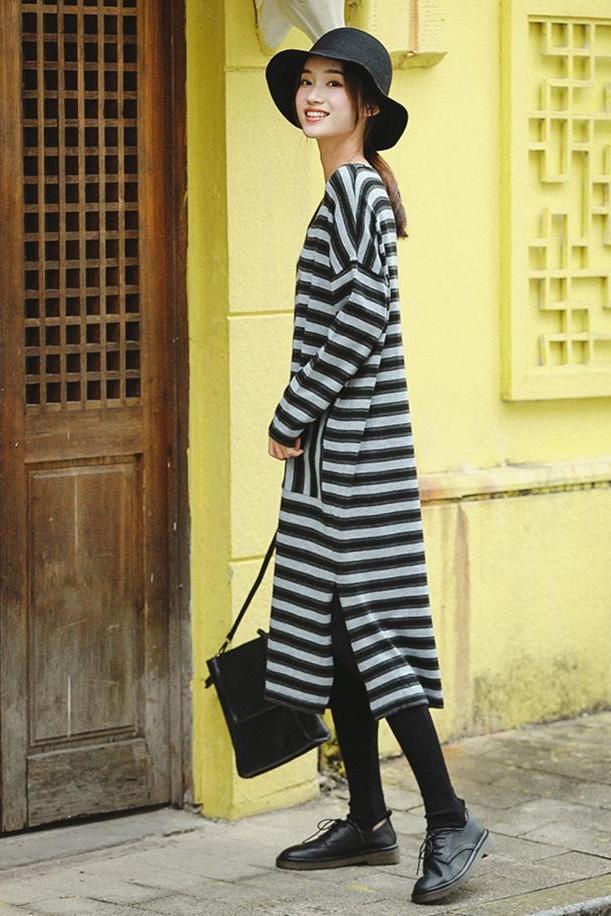 Gray Striped Loose Sweater Dresses for Winter