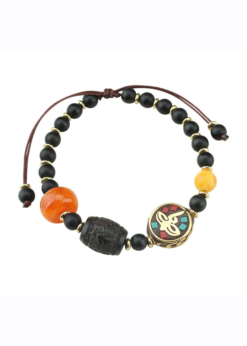 Black Coloured Glaze Pearl Beeswax Clover Charm Bracelet