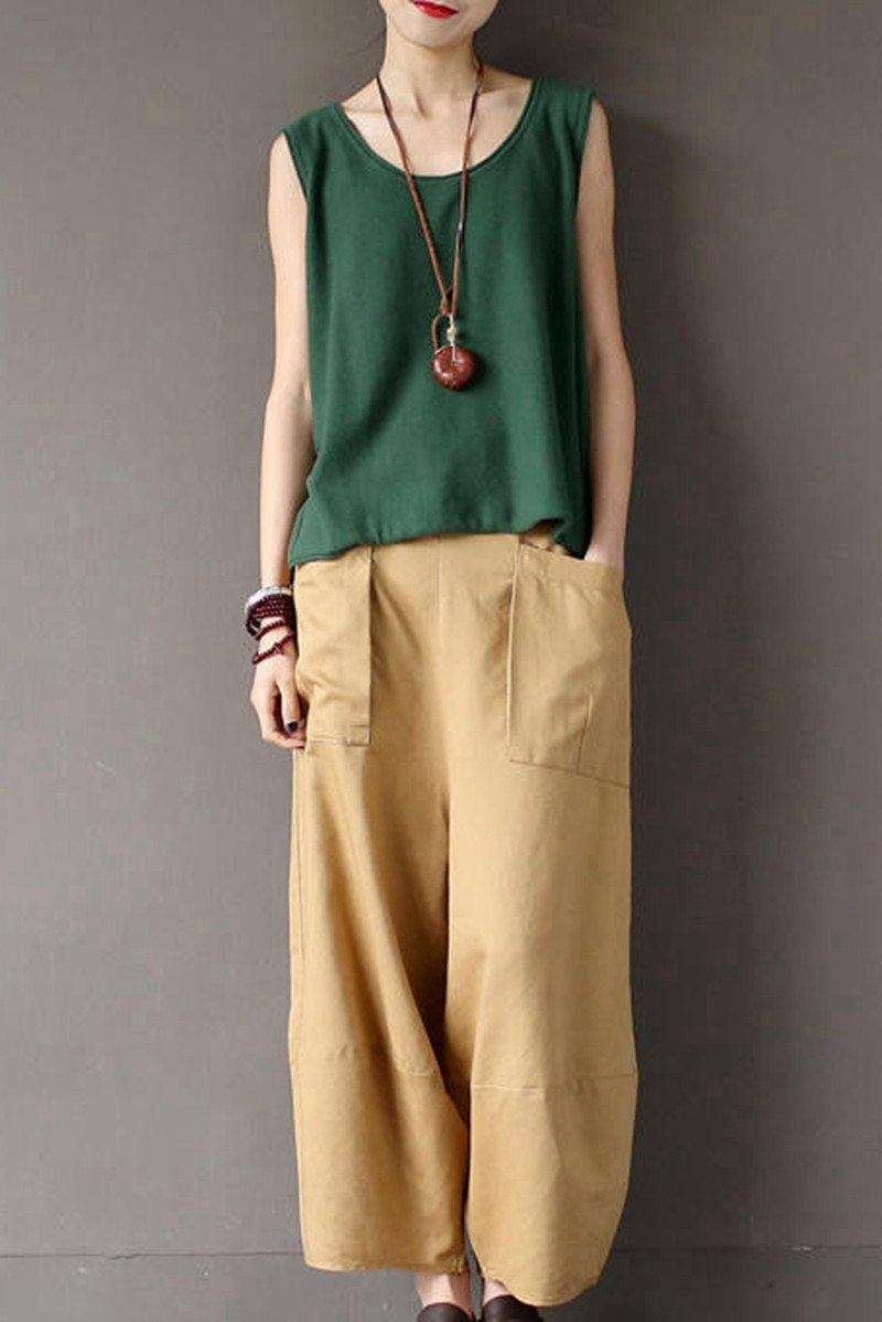 Khaki Loose Cotton Linen Ankle Length Pants Outfits