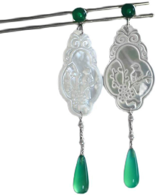 Green Copper Jade Flowers and Birds Water Droplet Drop Earrings