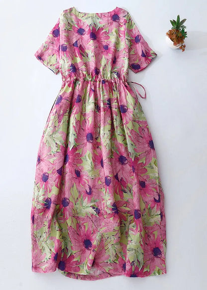 Pink Cinched Print Linen Vacation Dresses Summer