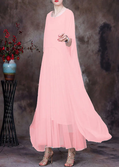 White O-neck Asymmetrical Design Chiffon Cloak Dress Batwing Sleeve