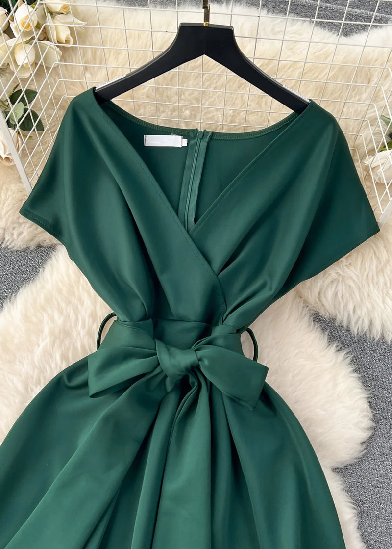 Blackish Green V Neck Zippered Tie Waist Spandex Dresses Summer