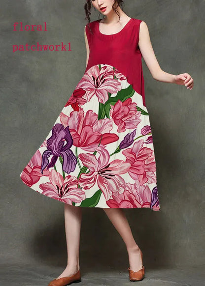 Wine Red-floral3 O-neck Wrinkled Long Dresses Sleeveless