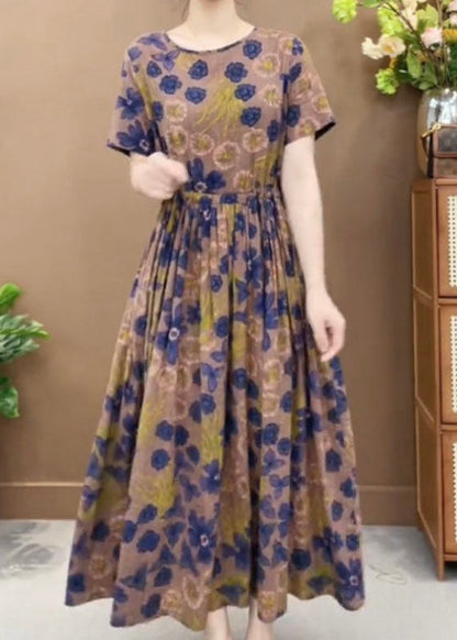 Retro Coffee O-neck Print Patchwork Pockets Long Dresses Short Sleeve