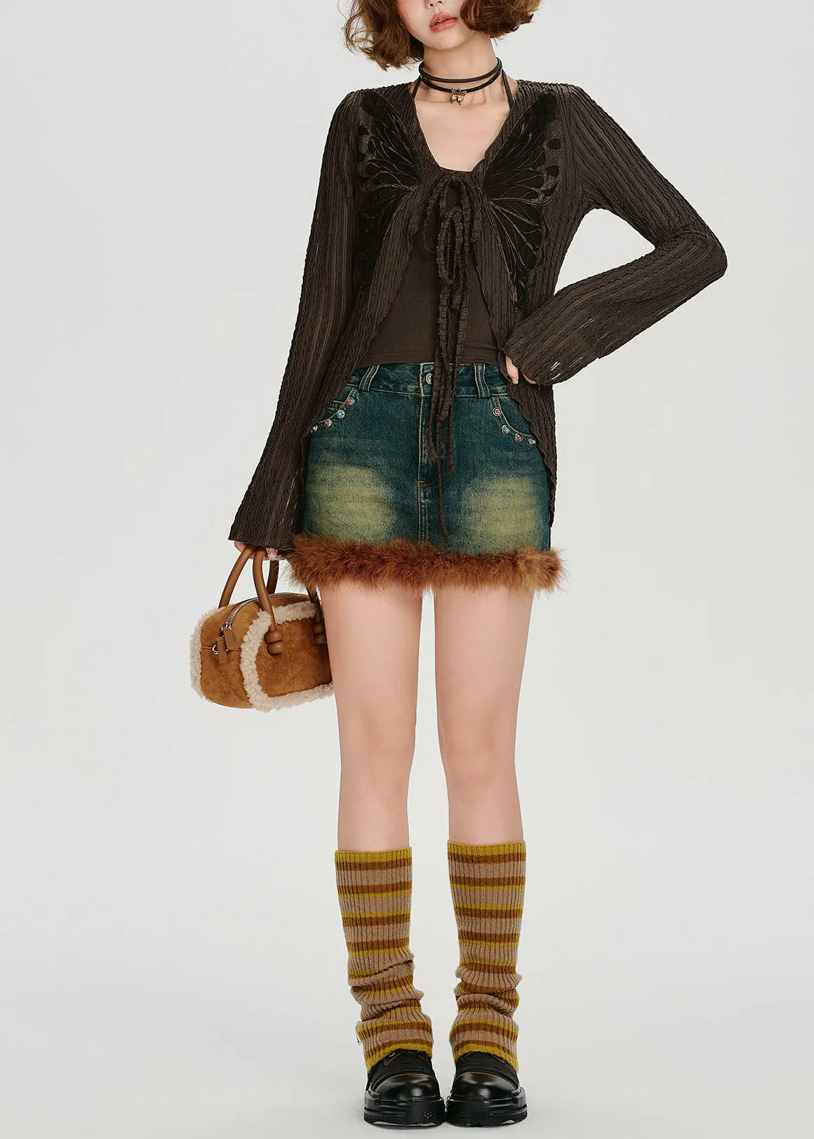 Style Chocolate Lace Up Butterfly Cotton Cardigans Spring