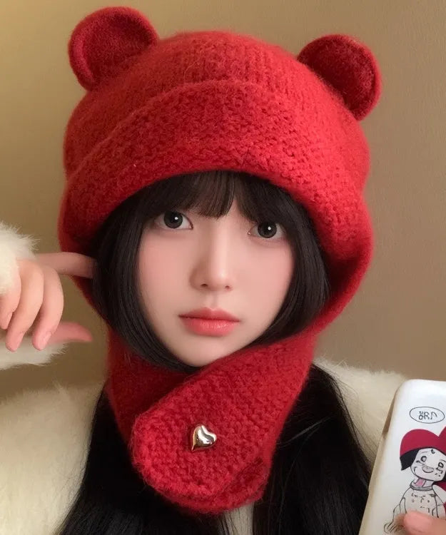 Red Thick Knit Ear Protection Warm Bonnie Hat