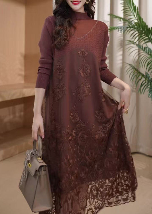 Coffee Embroidered Patchwork Knit Long Dress Winter