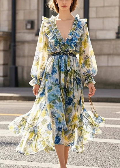 Print Ruffled Silm Fit Chiffon Beach Dress Fall
