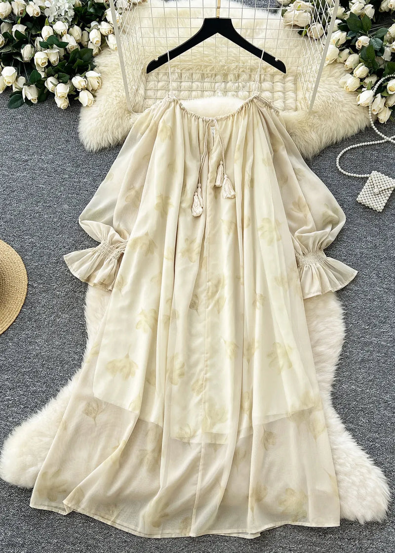 Apricot Cold Shoulder Print Chiffon Cami Dress Summer