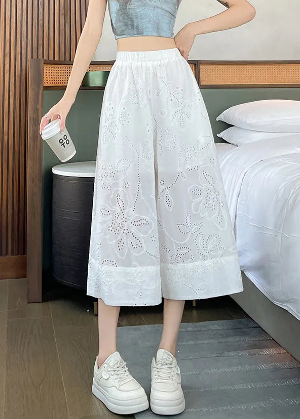 Loose White Hollow Out Pockets Elastic Waist Cotton Crop Pants Summer