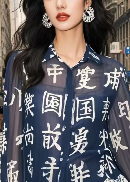 Navy Chinese Character Patchwork Lace Chiffon Blouse Top Spring