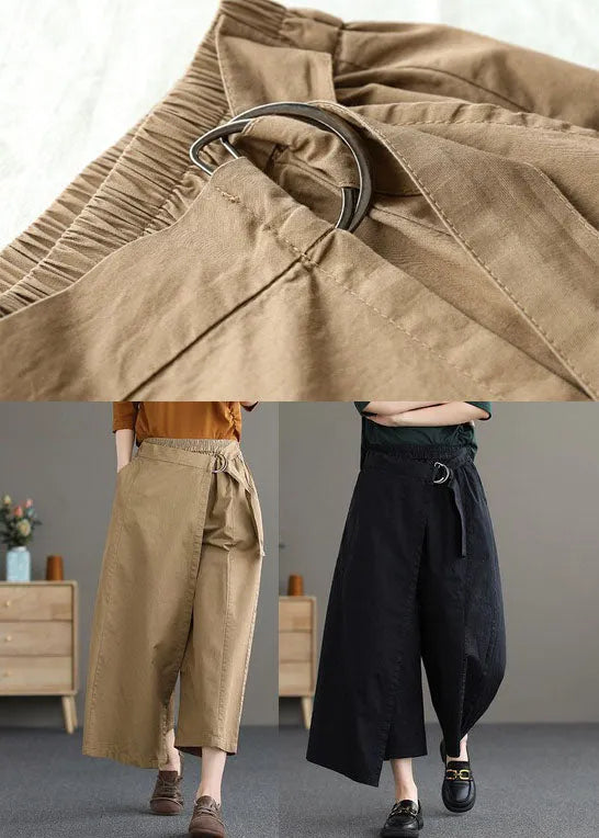Khaki Cotton Wide Leg Pants Elastic Waist Asymmetrical Summer