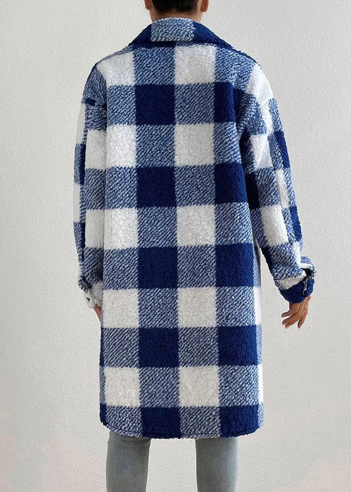 Blue Peter Pan Collar Pockets Plaid Faux Fur Coats Fall