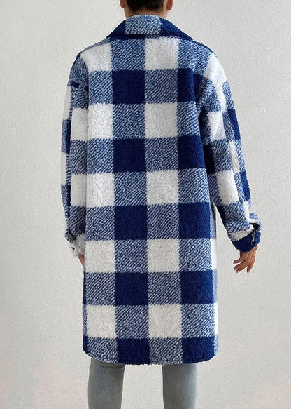 Blue Peter Pan Collar Pockets Plaid Faux Fur Coats Fall