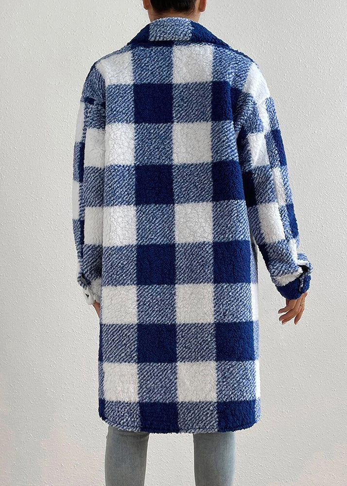 Blue Peter Pan Collar Pockets Plaid Faux Fur Coats Fall