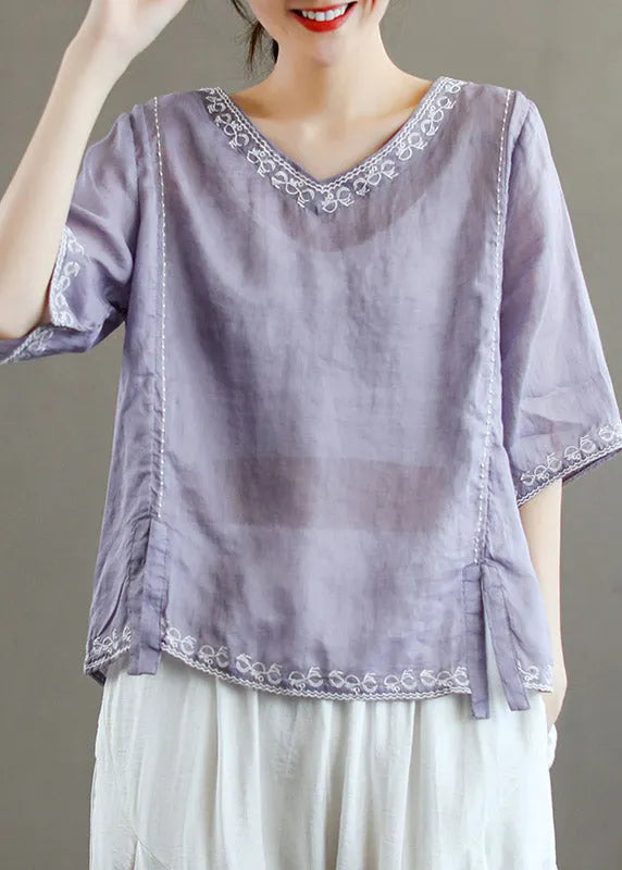 Stylish Purple V Neck Embroidered Linen T Shirt Half Sleeve