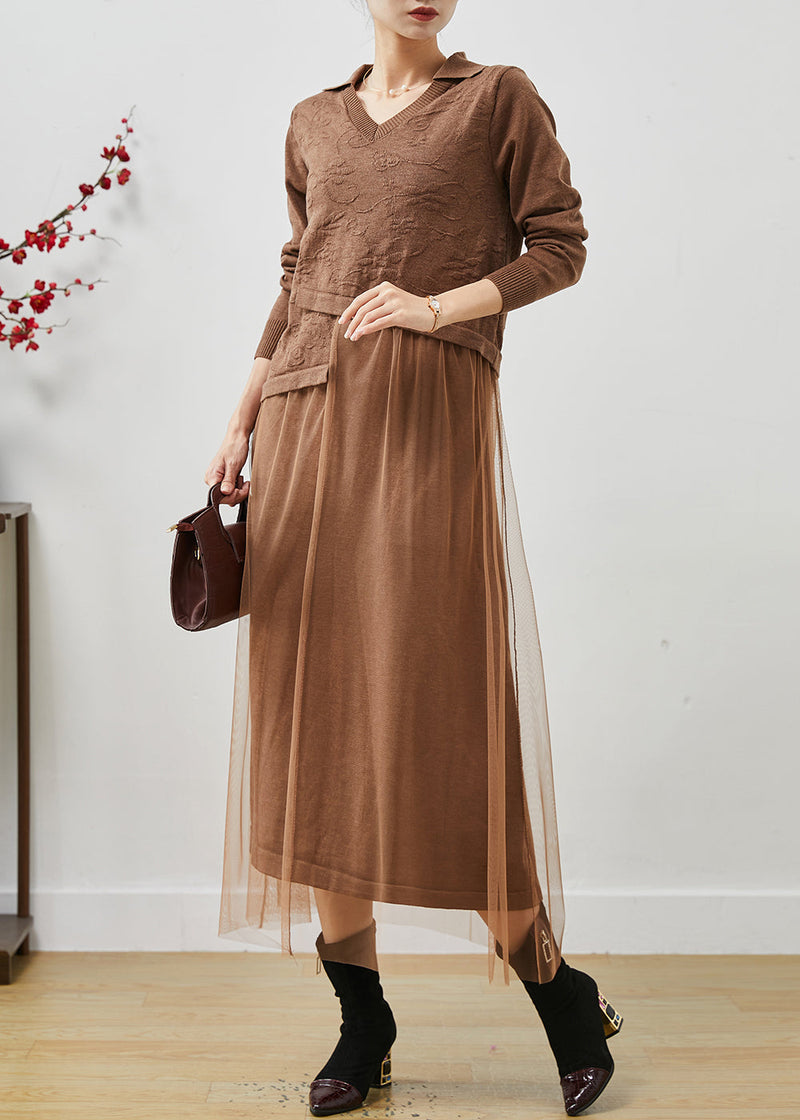 Khaki Jacquard Patchwork Wool Tulle Dress Summer