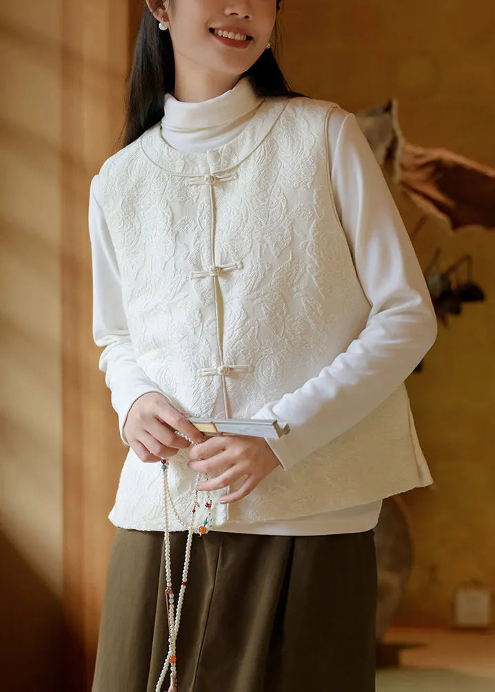 Champagne Chinese Button Jacquard Fine Cotton Filled Vest Sleeveless