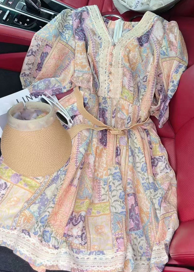V Neck Print Sashes Mid Dress Half Sleeve