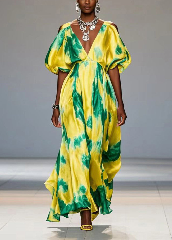 Yellow Cold Shoulder Print Silk Maxi Dresses Lantern Sleeve