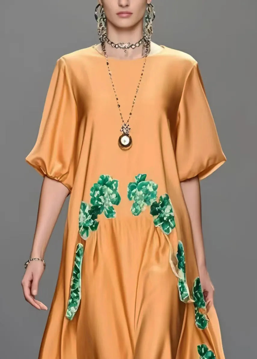 Orange Oversized Print Silk Maxi Dresses Half Sleeve