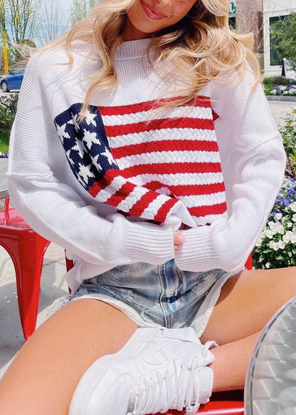 New White O Neck Striped Knit Pullover Spring