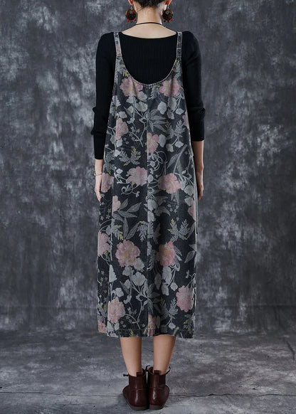 Black Print Patchwork Pocket Denim Cami Dress Spring