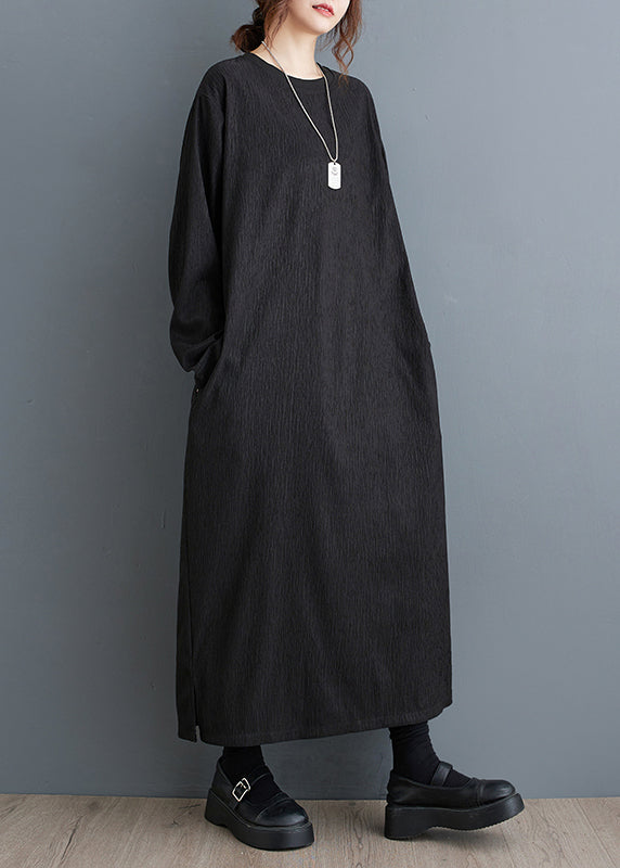 Simple Black O Neck Cotton Long Dress Fall